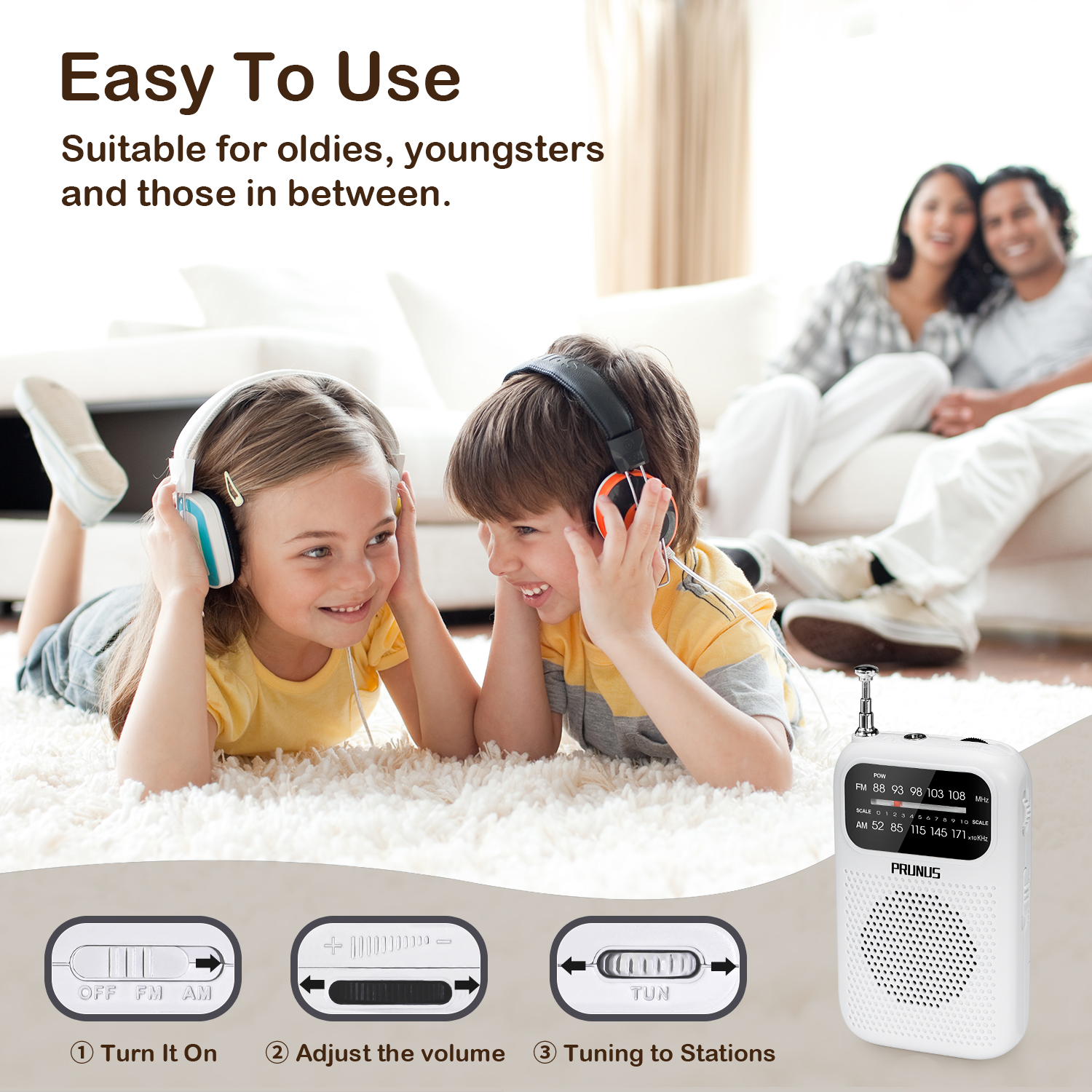 PRUNUS Pocket Radios receiver Portable AM FM Mini Walkman 2 AAA Battery Radio with Headphone Speaker for Walking Hiking Camping