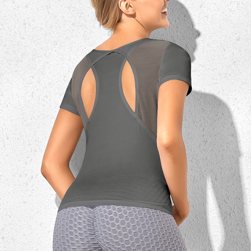 Women Sport Tops for Gym Fitness T Shirt Sports Wear Yoga Clothes Gym Running Workout Tops: Gray / XL