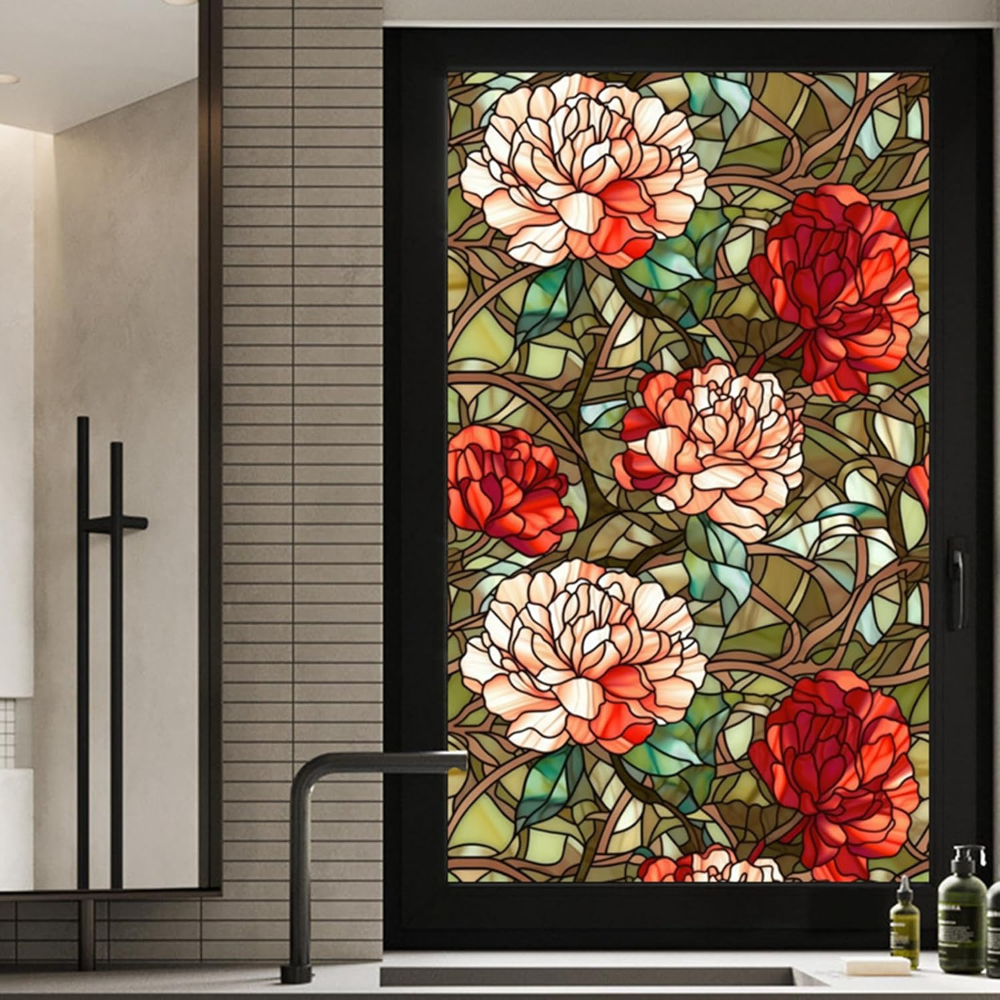 Película esmerilada para ventana de vidrieras, película para ventana floral adhesiva estática, calcomanías para ventana de vidrio de baño no adhesivas para ventanas, 17,7 "x: Negro