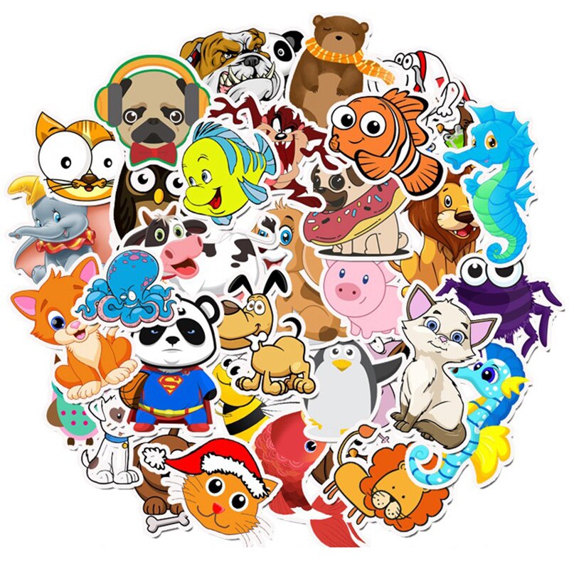 50pcs Cartoon Animal Waterproof Stickers For DIY Laptop Skateboard Refrigerator Decals Kids Children Toy