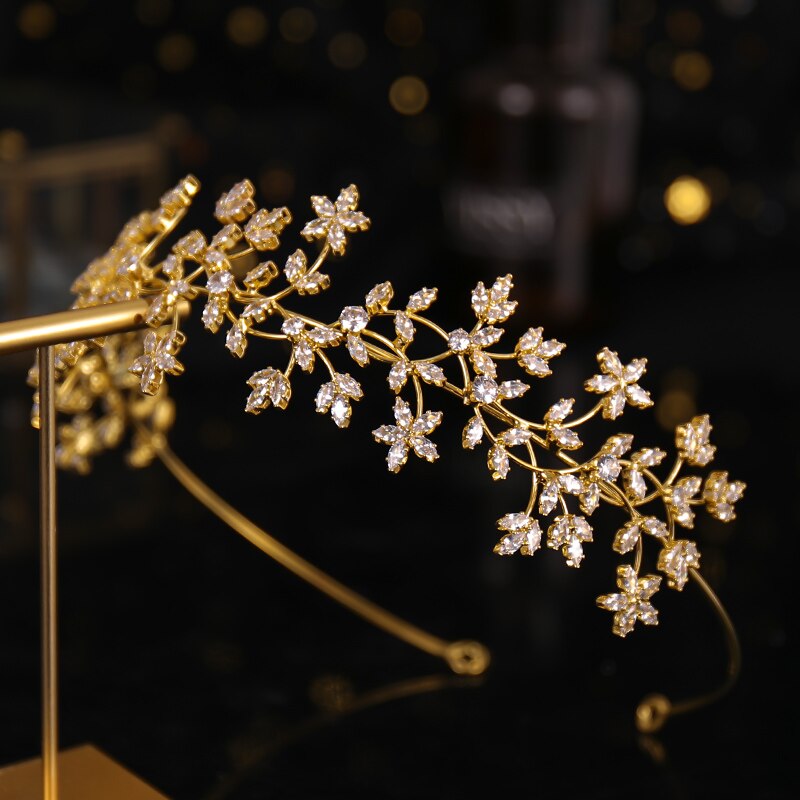 Gold Zircon Flower Crystal Tiara - Baroque Vintage Rhinestone Queen Princess Royal Crown - Bridal Diadem