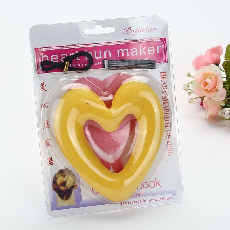 Diadèmes en forme de coeur outil de coiffure, tête bractée éponge magique, bricolage boule de viande cheveux mignon fabricant de chignon femmes filles Donut accessoires de cheveux: yellow