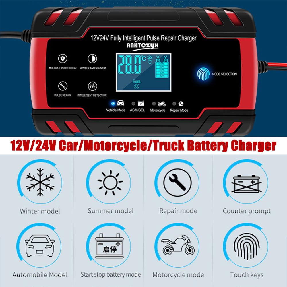 Bil batterilader 12/24v 8a berøringsskjerm pulsreparasjon lcd batterilader for bil motorsykkel blysyre batteri agm gel våt