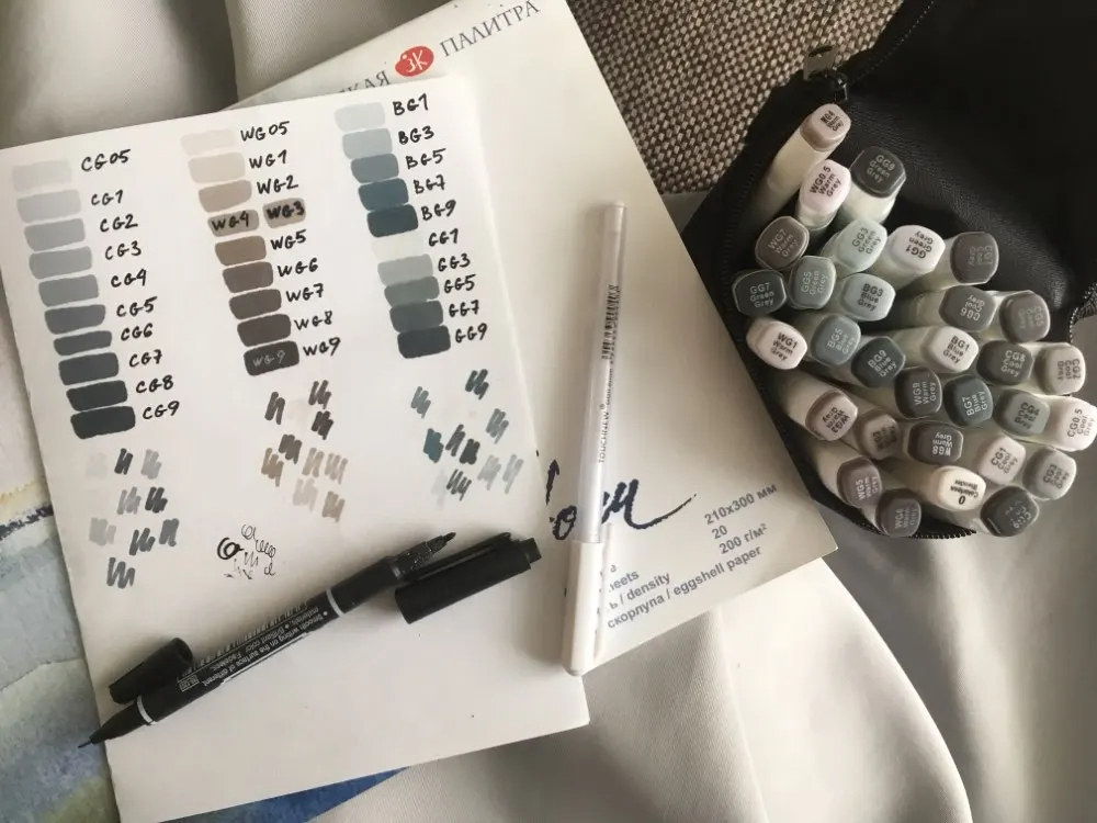 10/30 stk. kunsttusj med dobbel ende, alkoholbasert blekk, nøytral grå farge, skissegråtoner til grafisk tegning