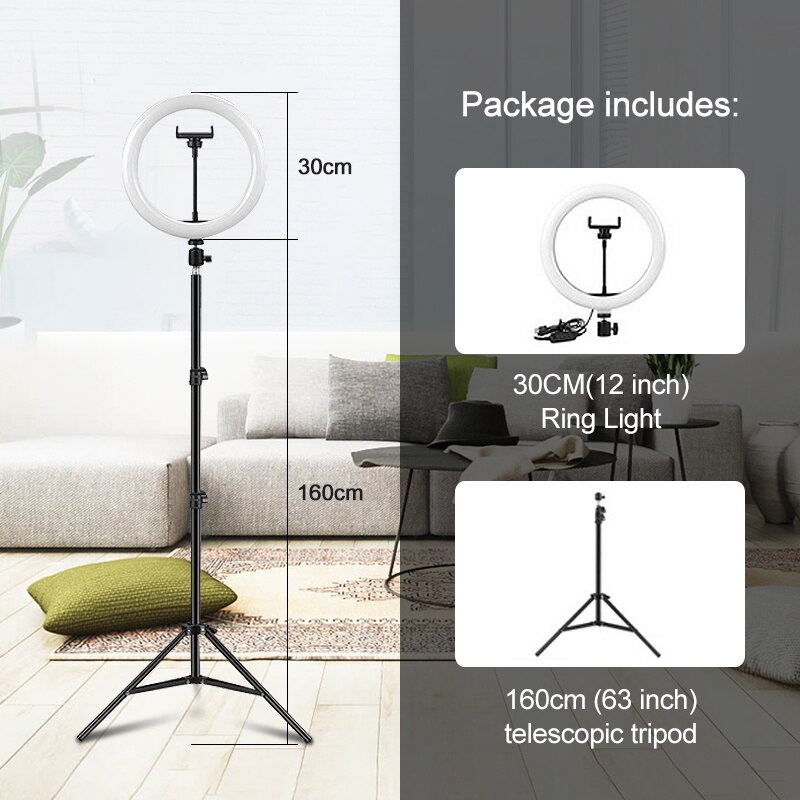 12 inch led selfie ringlamp fotografielamp 30cm ringlampen met telefoonhouder 1.6m statiefstandaards voor make-up video live studio: 12 inch met statief