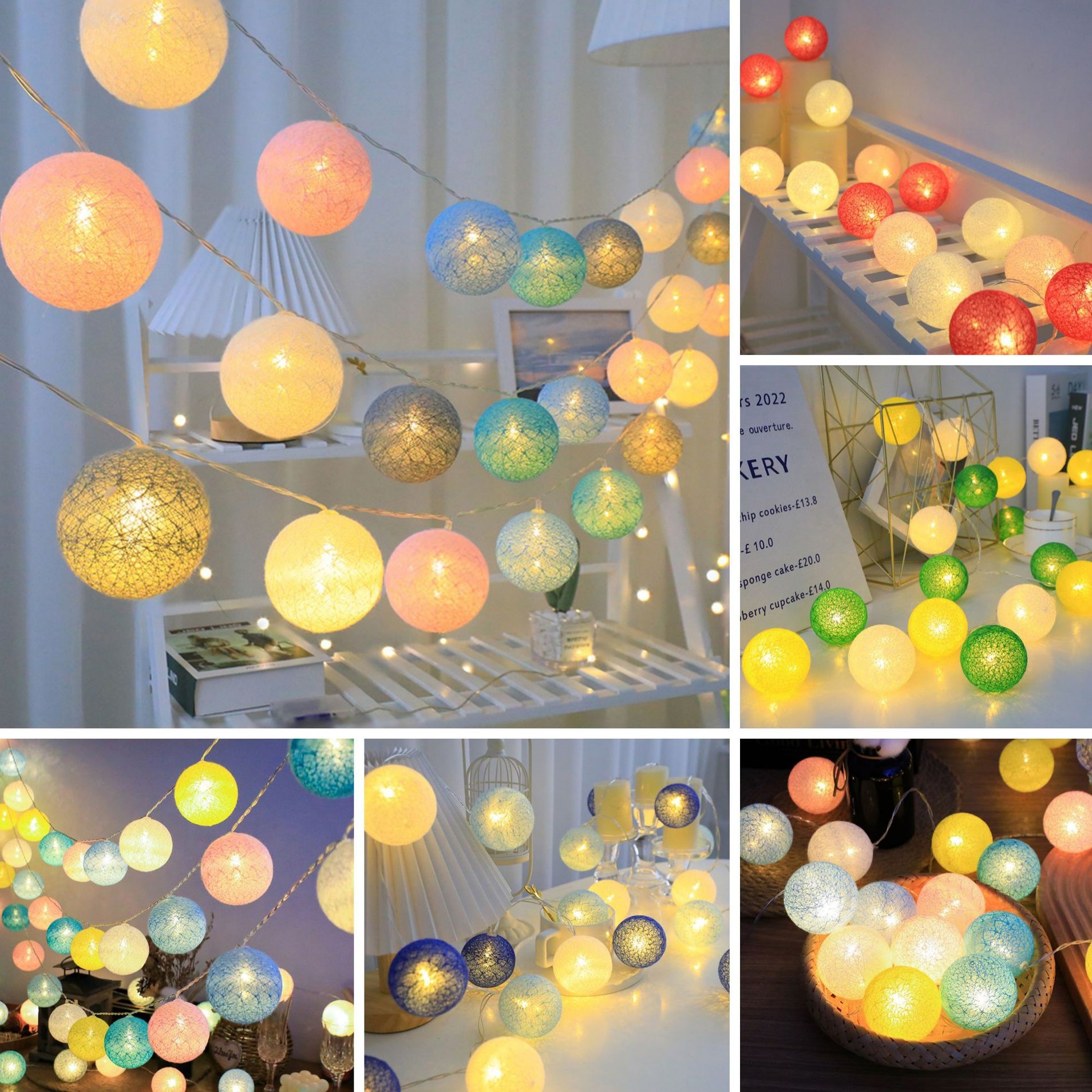 Batterie Bunte Baumwollgirlande 4 cm LED-Kugeln Weihnachtskette Weihnachtsbeleuchtung für Heimdekoration Hochzeit Fee Schlafzimmer Dekor