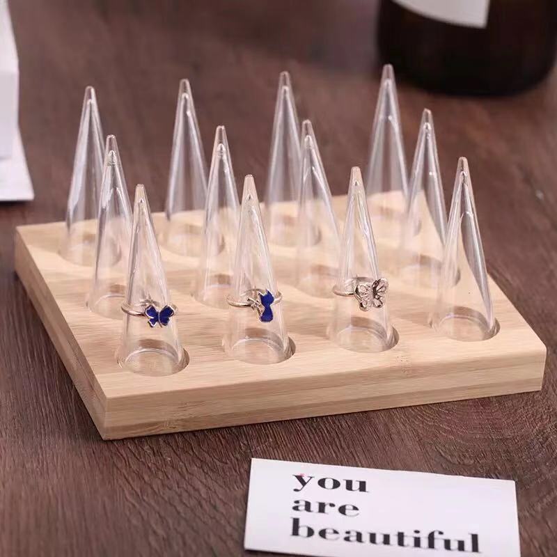 Natural Wood Cone Shape Finger Ring Stand Jewelry Display Holder Showcase Display Stands Rings Bracelet Jewelry Tray: 12bits clear