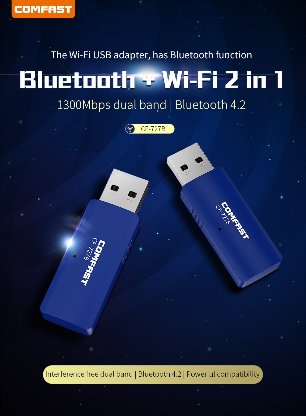 USB WiFi Bluetooth 4.2 Adapter 1300Mbps Dual Band 2.4/5Ghz Wireless External Receiver Mini WiFi Dongle for PC/Laptop/Desktop