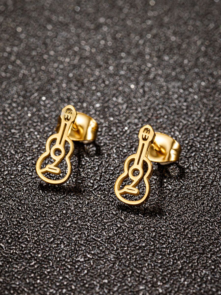 1 paio di orecchini a bottone per chitarra per strumenti musicali in acciaio inossidabile per donne e ragazze, orecchini musicali, regalo per feste: Oro-colore