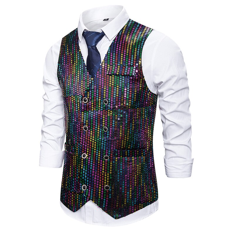 Herre pailletter veste til natklub fest kostumer afslappet dobbeltradet herre vest vest vest jakke slim fit gilet steampunk homme