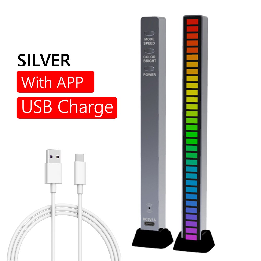 32 LED Strip Light RGB Voice Control Rhythm Lights Pickup Lamp Music Atmosphere Lamp Colorful Ambient Light Bar for Car Party: Silver USB With APP