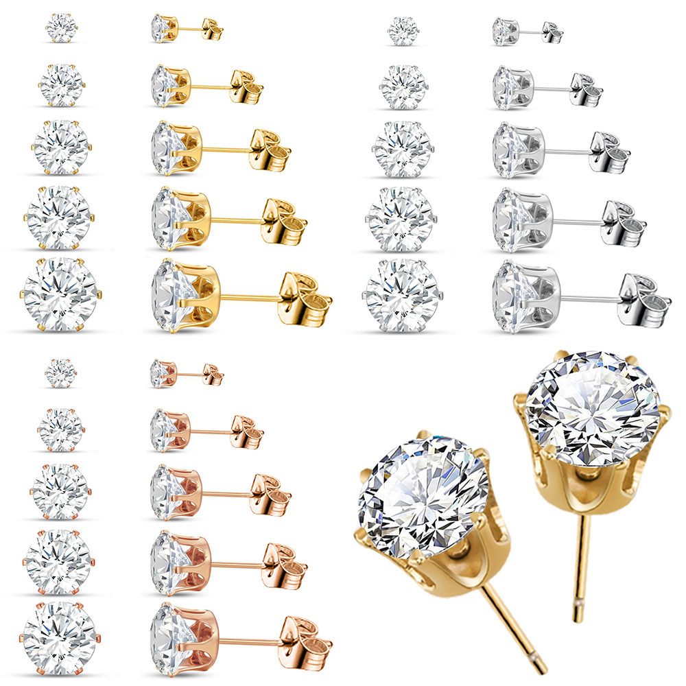 Set van 10 glanzende oorbellen met zirkonia steentjes, bezet met kubische zirkonia, voor dames en heren, unisex, goudkleurige legering, eenvoudige feestelijke oorbellen.