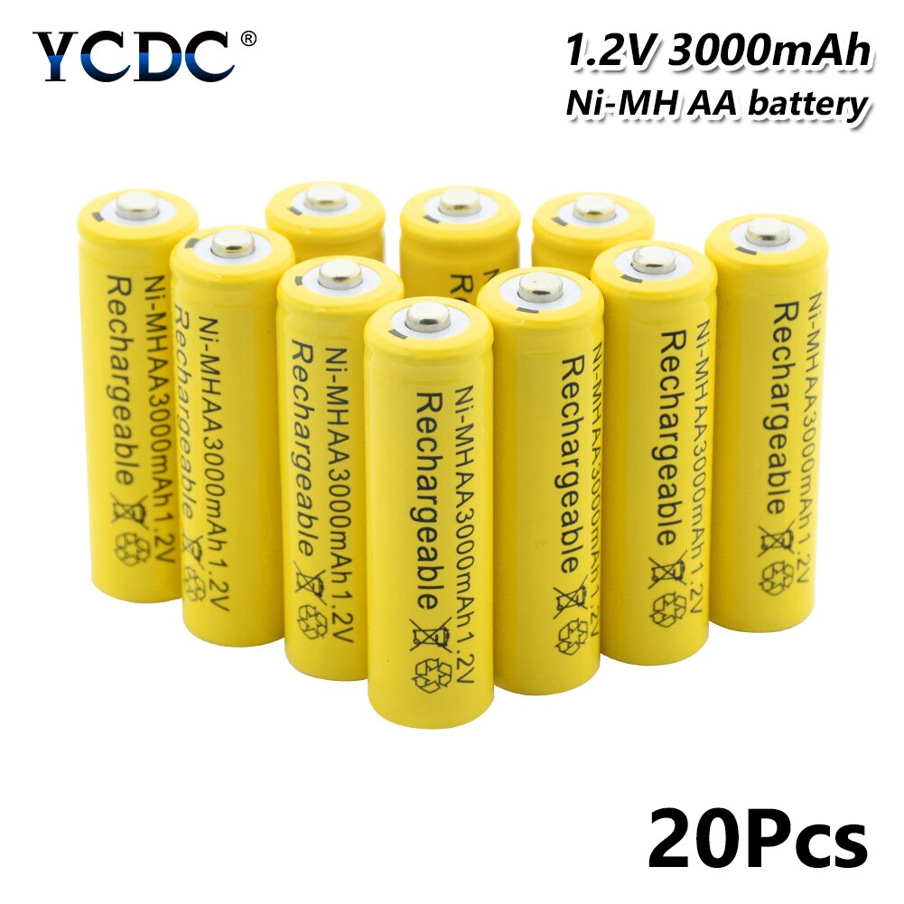 Replacement Ni-MH AA Li-Po Lithium Li-polymer Battery 3000mAh 1.2V Rechargeable Batteries Cell For Torch Toy Car Razor: 20 Pcs