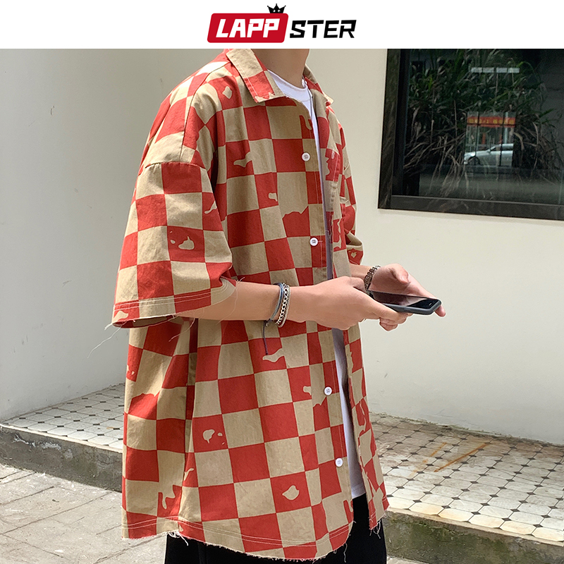 LAPPSTER Men Korean Damage Plaid Shirts Short Sleeve Summer Women Harujuku Blouses Japanese Streetwear Button Up Shirts