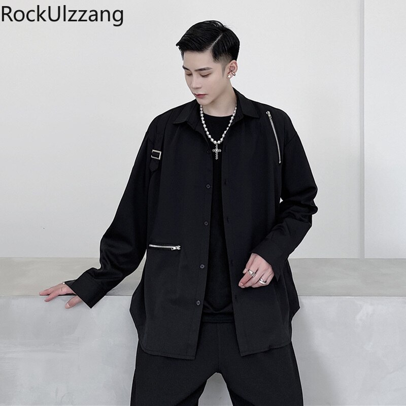 Plus størrelse langermet høstantrekk søm glidelås ringe bånd fast punk streetwear skjorte mørk bluse hofte hopp harajuku menn goth