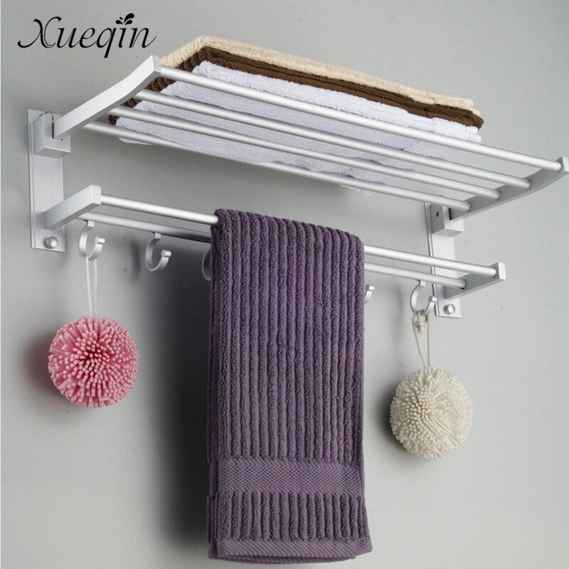 2 Layer Alumimum Foldable Bathroom Towel Rack Holder Wall Mounted Storage Hanger Kitchen Hotel Towel Clothes Shelf With 5 Hooks