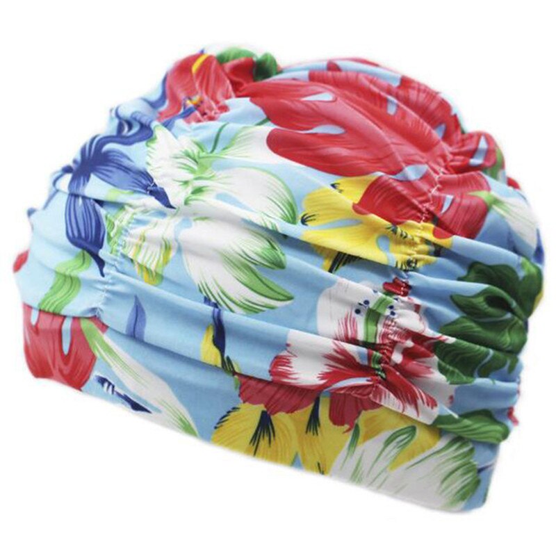 Kvinder svømmehætte til langt hår sport svømme pool hat voksen nylon beskytte ører plisserede blomster trykte svømmehætter badehætte