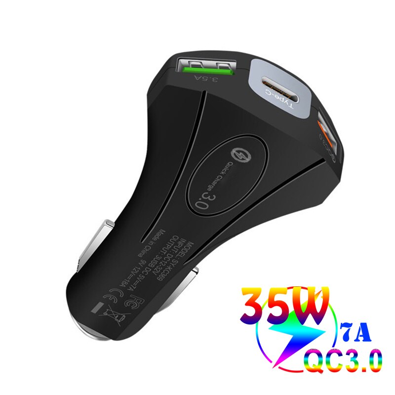 QC 3,0 Auto Telefon Ladegerät 7A Eine Für Drei Dual USB Schnelle Ladung Typ-C Sicherheit Hammer Auto Ladegerät für Samsung Huawei Schnelle Ladung: Black