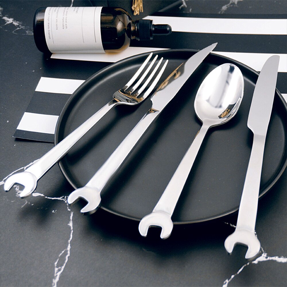 Stainless Steel Dinnerware Set Wrench Shape Fork Spoon Knife Tableware For Dinner Western Utensils Table Cutlery Set