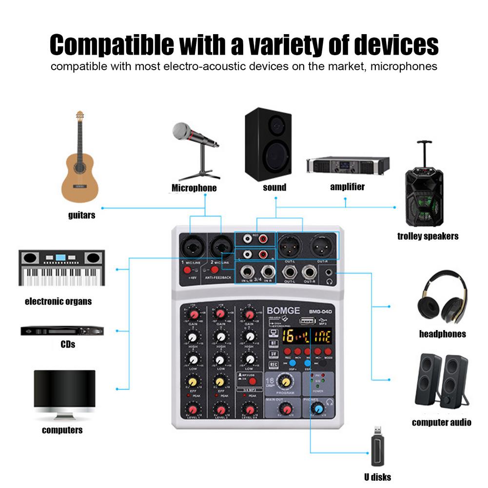 Mixer Audio Wireless a 4 canali Console di missaggio portatile interfaccia USB Bluetooth scheda Audio con alimentazione Phantom 16 DSPEcho 48V