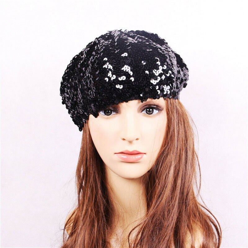 Dam paljetter hatt glänsande kostym jazz glitter dans basker rund keps dam accessoarer mössa dam kostym stretch party