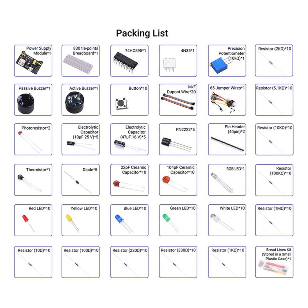 374Pcs Electronics Component Compatible with MEGA2560 Safe to Use 830 Tie-points Breadboard Assorted Electronic Component Group