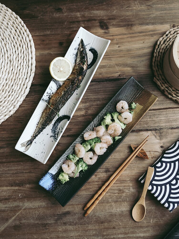 Plato de Sushi rectangular de cerámica, plato de cocina japonesa, plato para pastelería, plato largo pintado a mano, plato de sashimi saury