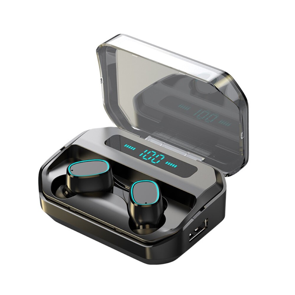 Draadloze bluetooth-headset 2200 mah oplaadbox draadloze bluetooth 5.0- koptelefoon met digitaal display in-ear oordopjes koptelefoons: Zwart