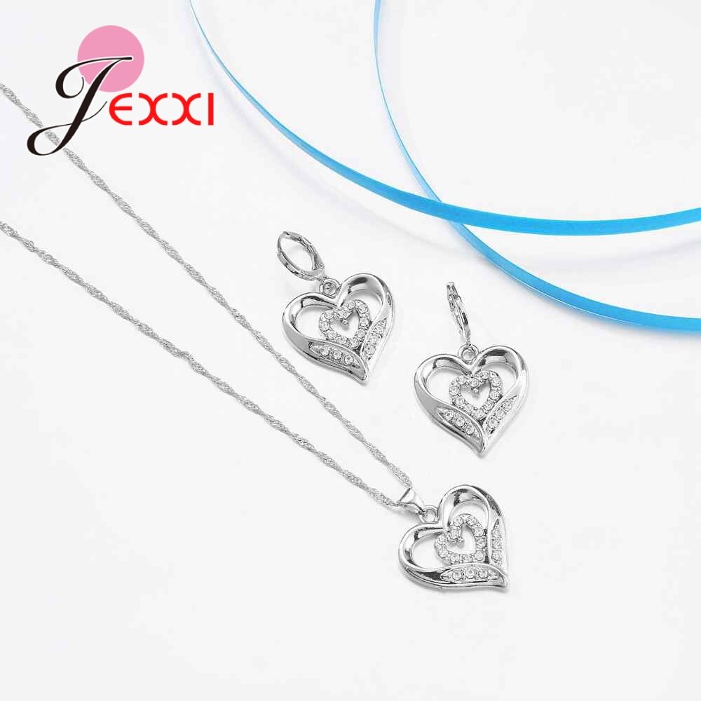 Laatste Dubbele Hart Ketting Oorbellen Sets Hollow 925 Sterling Zilver Elegante Engagement Sieraden