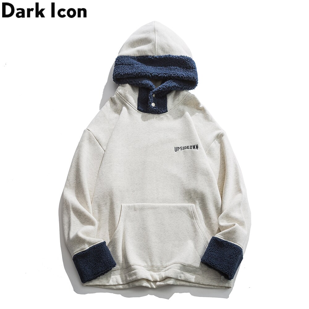 Dark Icon Sherpa Patchwork Hoodie Men Women Front Pocket Hooded Sweatshirts Man Preppy Style Students Hoodies