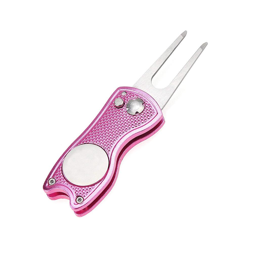 Golf Divot Tool Folding Golf Turf Tool with Pop Up Button and Magnetic Ball Maker: Pink