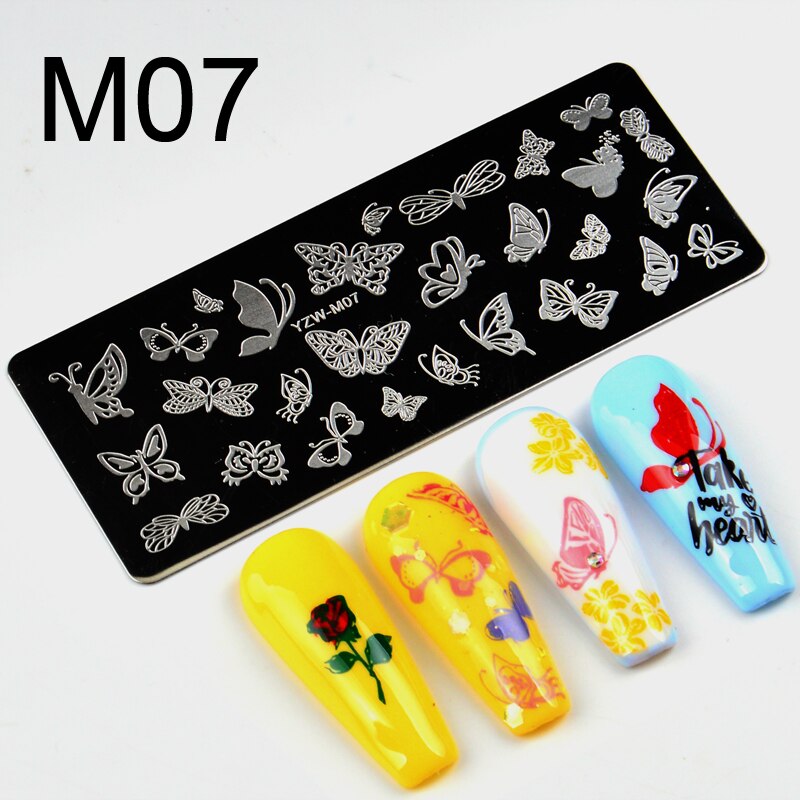 1pc rektangulära nagelstämplingsmallar blomma kärleksdjur 10 x 4cm bildplattor i rostfritt stål polish manikyr stencil: M07