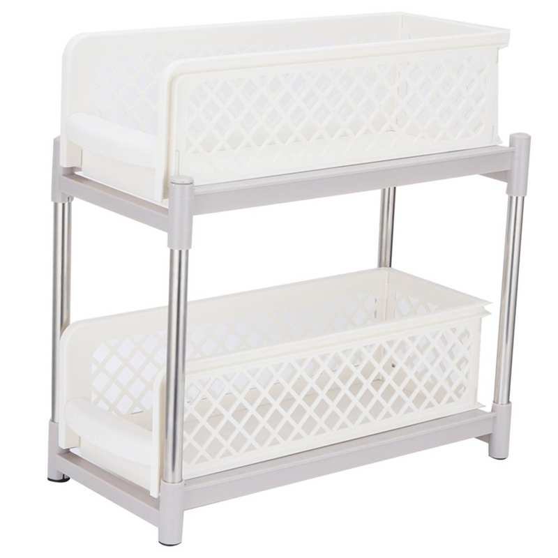 2-Layer Kitchen Sliding Basket Storage Cabinet Organizer with Pull Out Drawers White Kitchen Bathroom Storage Rack