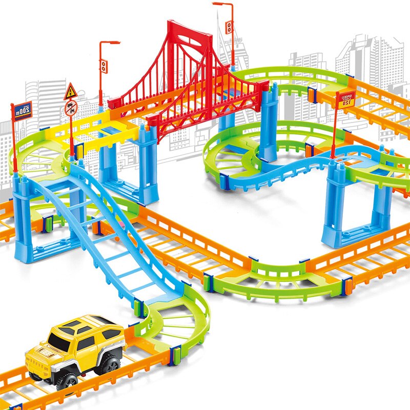 Diy Elektrische Racing Rail Auto Kids Spoorlijn Model Speelgoed Baby Spoorlijn Racing Road Transport Building Slot Sets