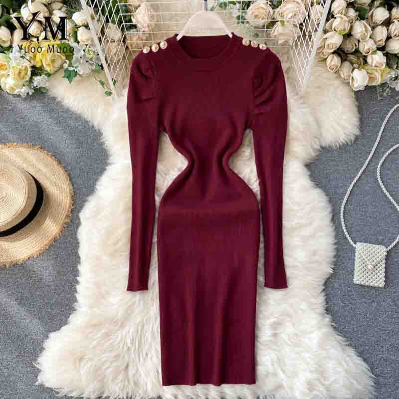 Yuoomuoo Herfst Winter Vrouwen Gebreide Jurk Europa Knoppen Lange Puff Mouwen Elegante Jurk Dames Bodycon Jurk: Bourgondië