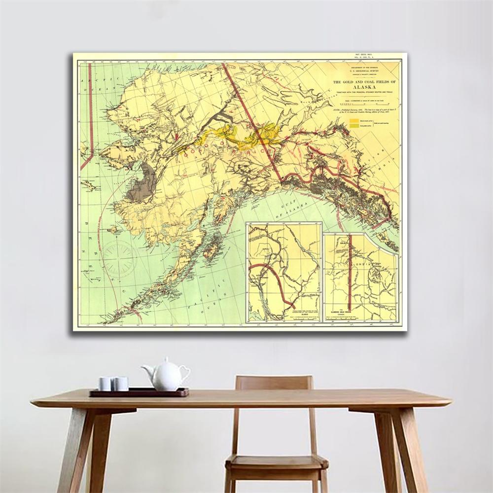 1898 upplagor vintage dekor karta väggdekor måla guld- och kolfälten i alaska 90 x 90cm hd spraymålning för vardagsrummet