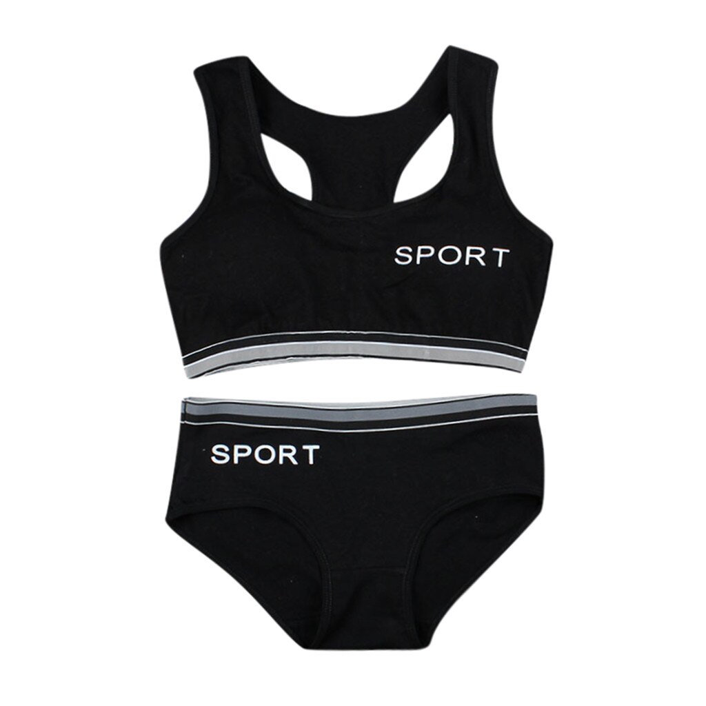 Teen Girls Underwear Bra Vest Children Underpants Briefs Training Bra Soft Breathable sports Gym 2 Piece Under Set Clothes: Black