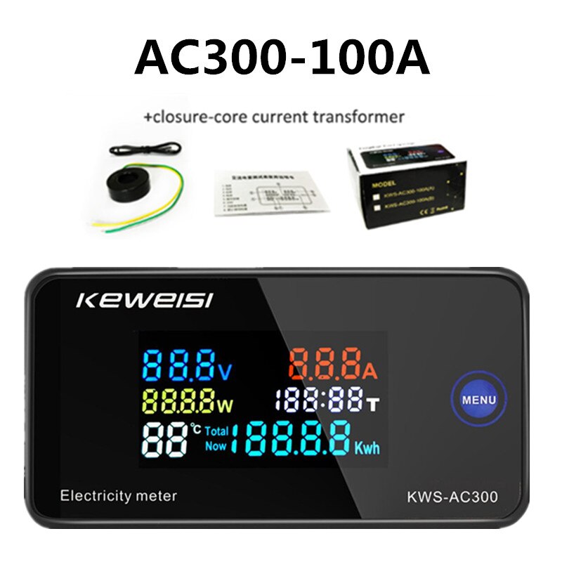 KWS-AC300 Voltmeter Ammeter KWS Power Energy Meter AC 50-300V LED AC Wattmeter Electricity meter with Reset Function 0-100A: AC300-100A close