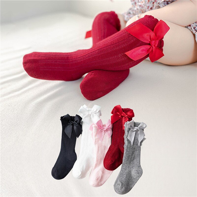 Calzini traspiranti per bambine calzini per bambini alti con fiocco in Bowknot calzini per bambini calzini per bambini in tinta unita