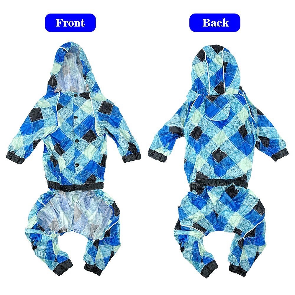 Capa de chuva para cachorro xadrez, roupa à prova de sol para animais de estimação, jaqueta de chuva, macacão com coleira e furo para animais de estimação de médio e grande porte