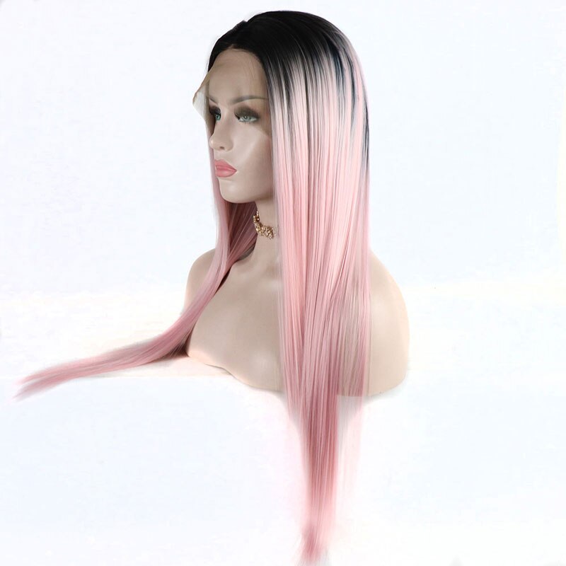 Bombshell sort ombre pink lige syntetisk blonde front paryk varmebestandigt fiber hår naturlig hårgrænse midterskilning til kvinder