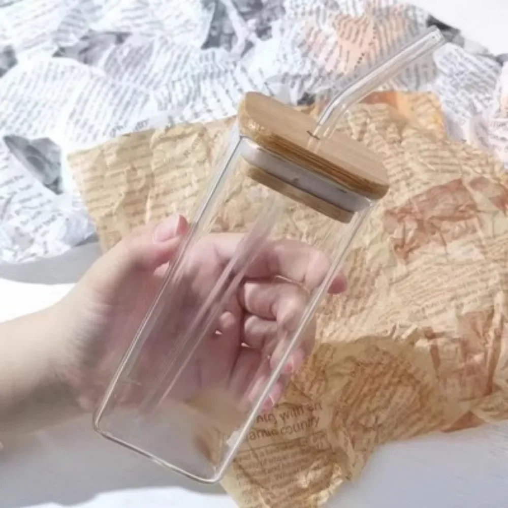 Gjennomsiktig firkantet varmebestandig kaffekopp i glass med lokk og sugerør, melk, te, juicekopper, kaffekrus til hjemmebar