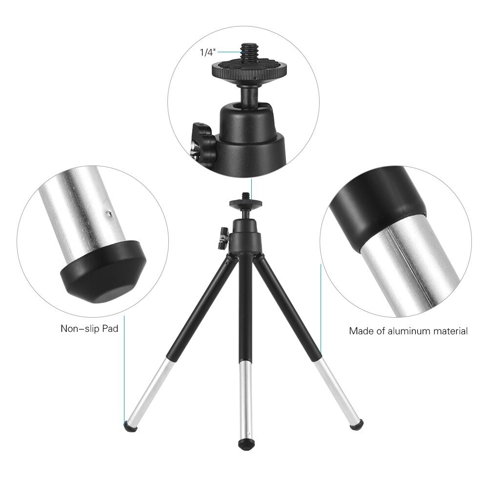 Mini Tripod 2-Section Extendable Desktop Tripod Stand Holder 1/4 Inch Screw Mounts for Phone ILDC Max. Load 0.5kg Black