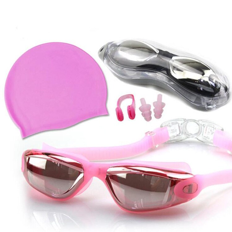 Professionele Zwembril Anti-Fog 100% Uv Verstelbare Bril Zwemmen Goggle Volwassen Badmuts Oordopjes Neus Clip Set Voor mannen: Pink set