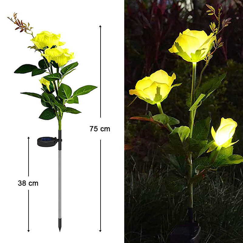 Solcelle Rose Blomsterlampe LED - Vandtæt Have Dekoration Udendørs - Landskab Græsplæne Lampe: Gul -3 hoved