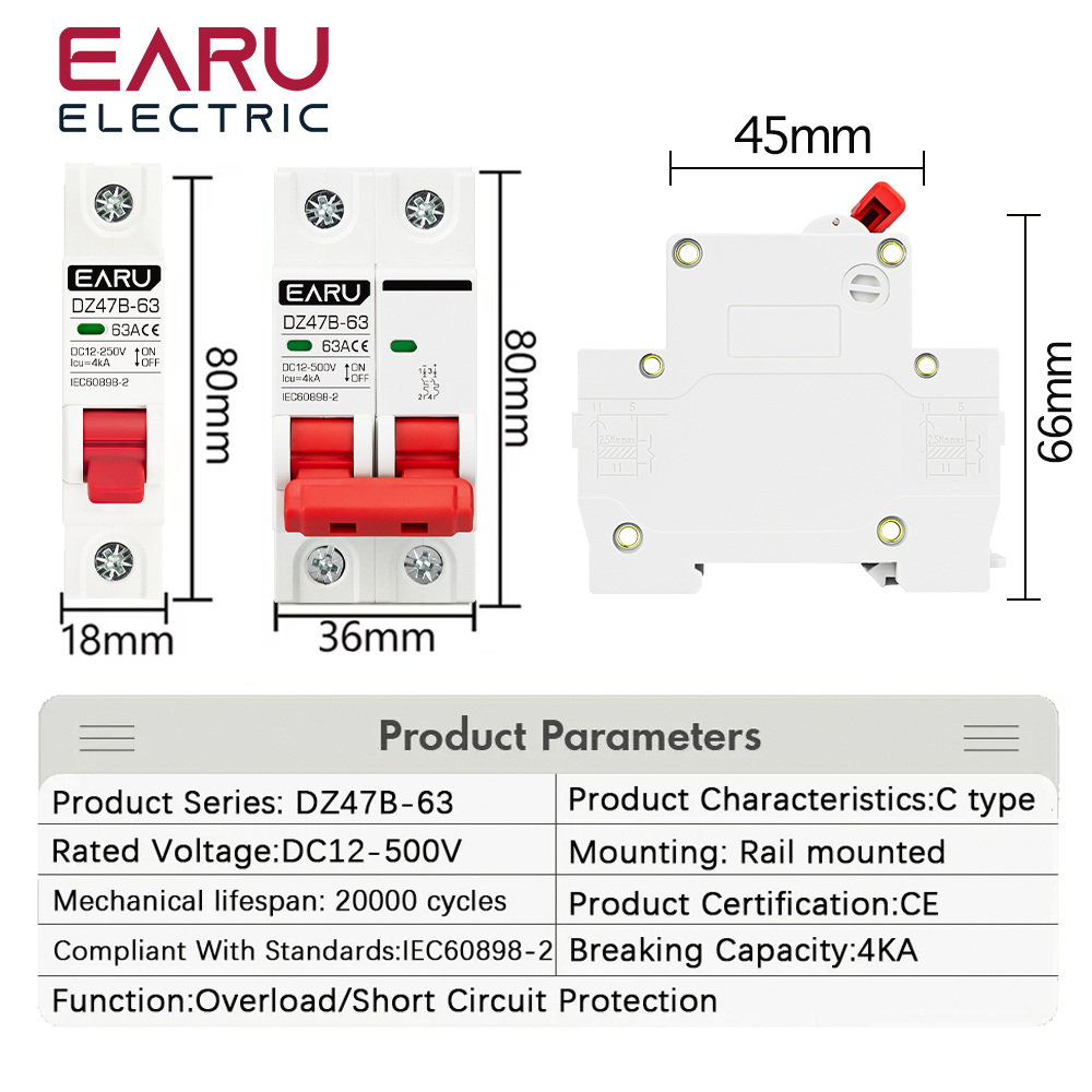 Dc12v 24v 48v 36v mcb accu auto beveiliging mini stroomonderbreker  dz47 dc positieve en negatieve pool beveiligingsschakelaar isolator