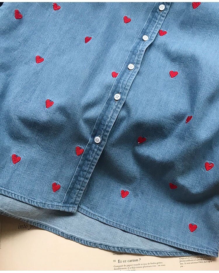 Chemisier brodé coeur rouge pour femmes, simple boutonnage, manches longues, frais, printemps