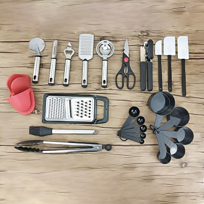 Utensilios de cocina de acero inoxidable, juego completo de espátula antiadherente de nailon, cuchara, suministros de cocina