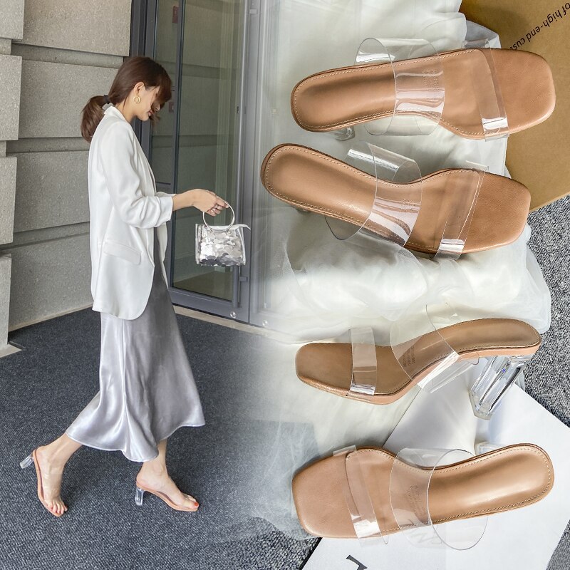 Klare hæle hjemmesko kvinder sandaler sommersko kvinde gennemsigtige hjemmesko høje hæle pumps bryllup sandal zapatos de mujer
