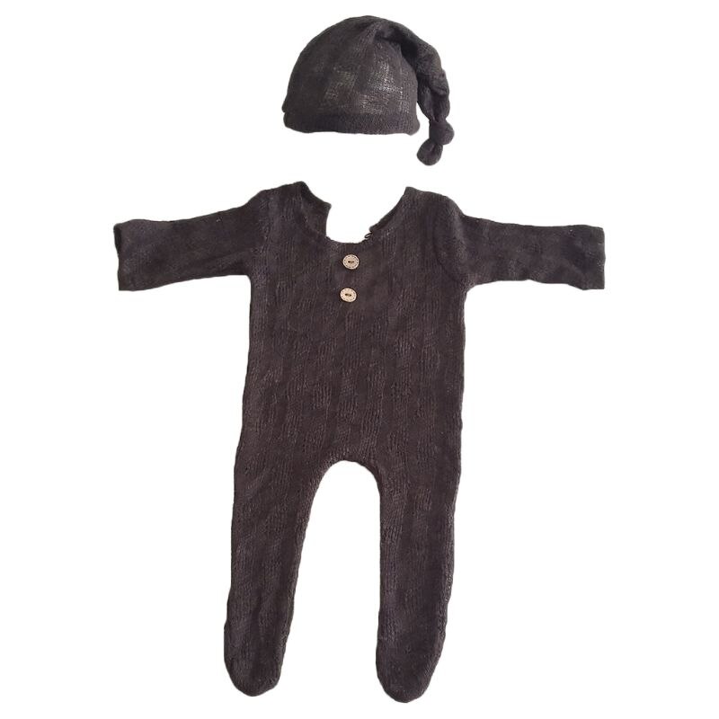 2 Stuks Pasgeboren Fotografie Props Pak Romper + Hoed Set Lange Mouw Jumpsuits Bodysuit Handgemaakte Knit Outfit Kleding Zuigelingen Douche: Bruin